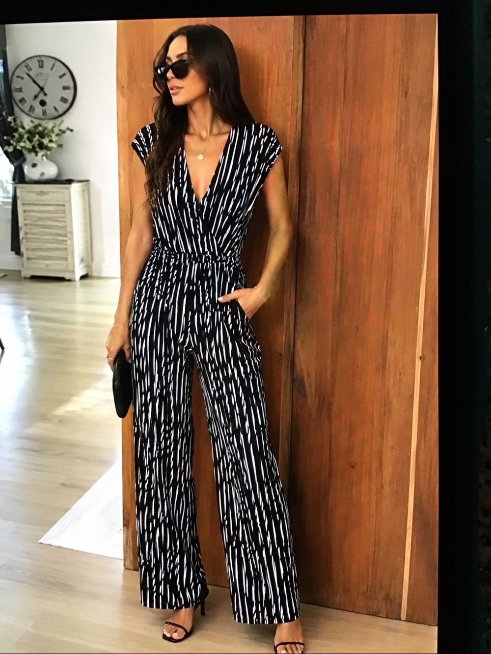 Lascana Black and White Vertical Stripe V-Neck Jumpsuit